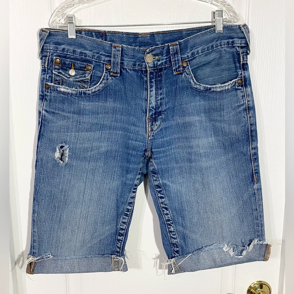 Y2K True Religion Joey Distressed Cut Off Cuffed Jean Shorts USA MADE Vintage 34